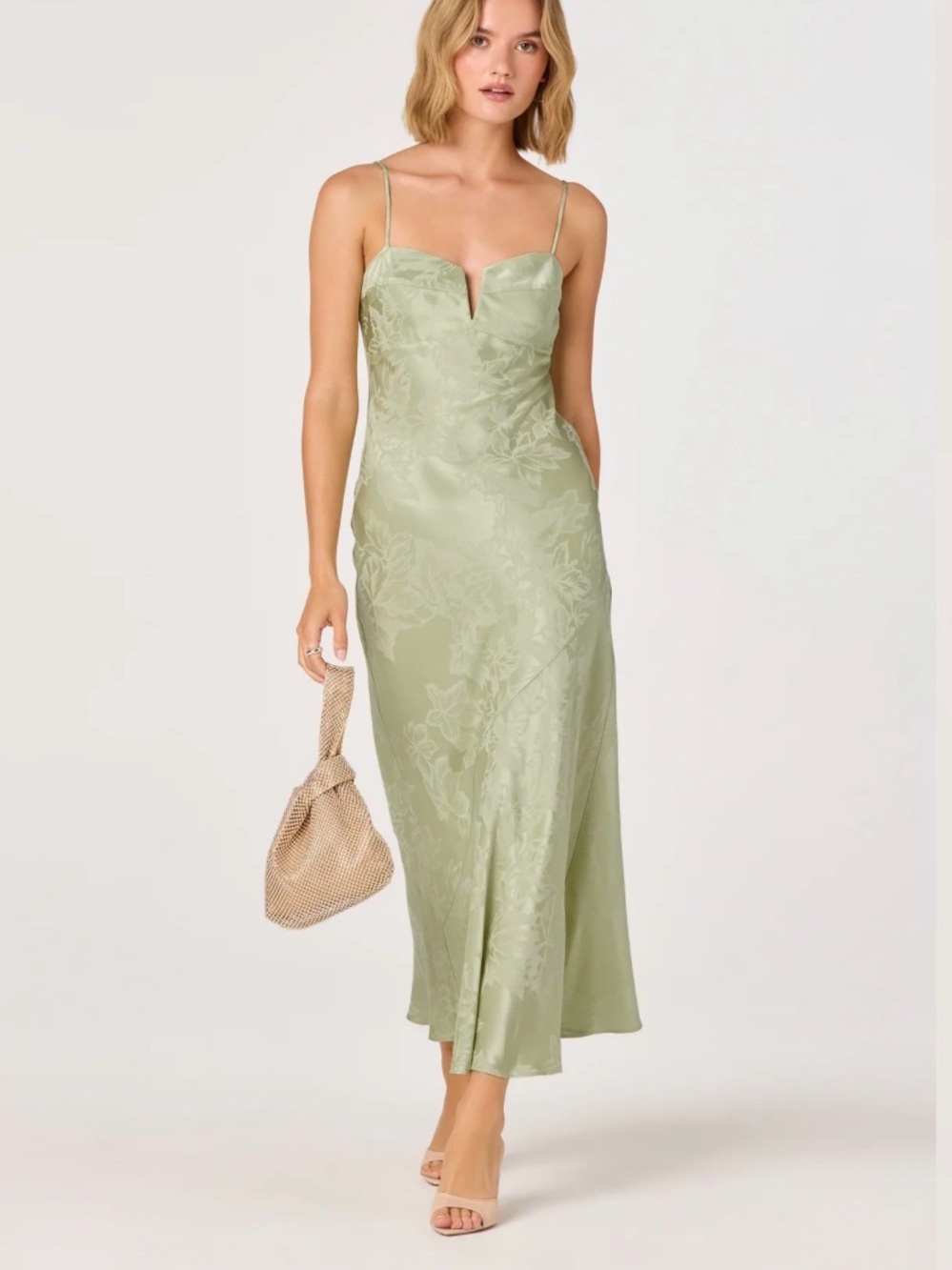 Astr Satin Floral Midi Dress — Sage